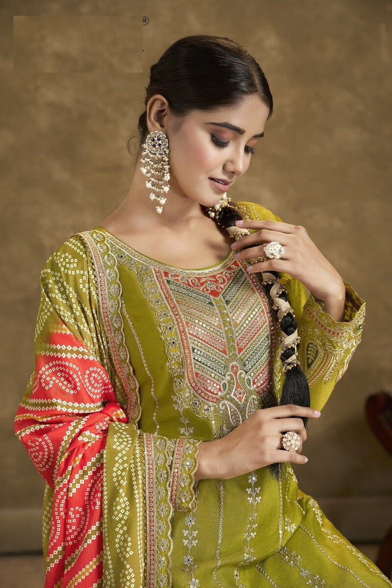 Traditional Bandhani Orange Heavy Embroidery Ceremonial Full Stitched Dhoti Suit 2131