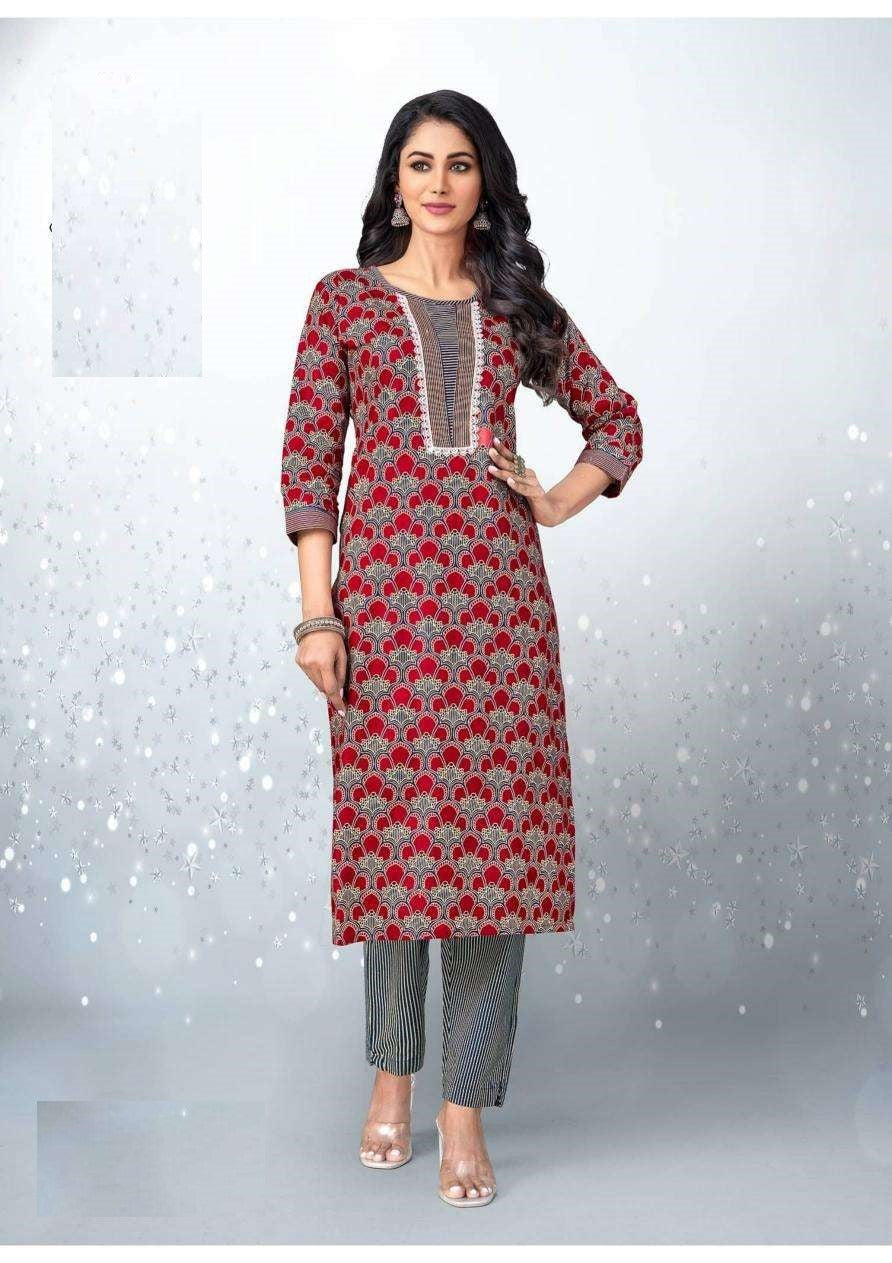 Summer Collection Plus Size Red And Grey Pure Cotton Kurta And Pant Set 1007