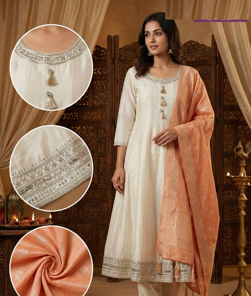 Banarasi Silk Festive Wear Ivory Self Print Butta Suit 41003