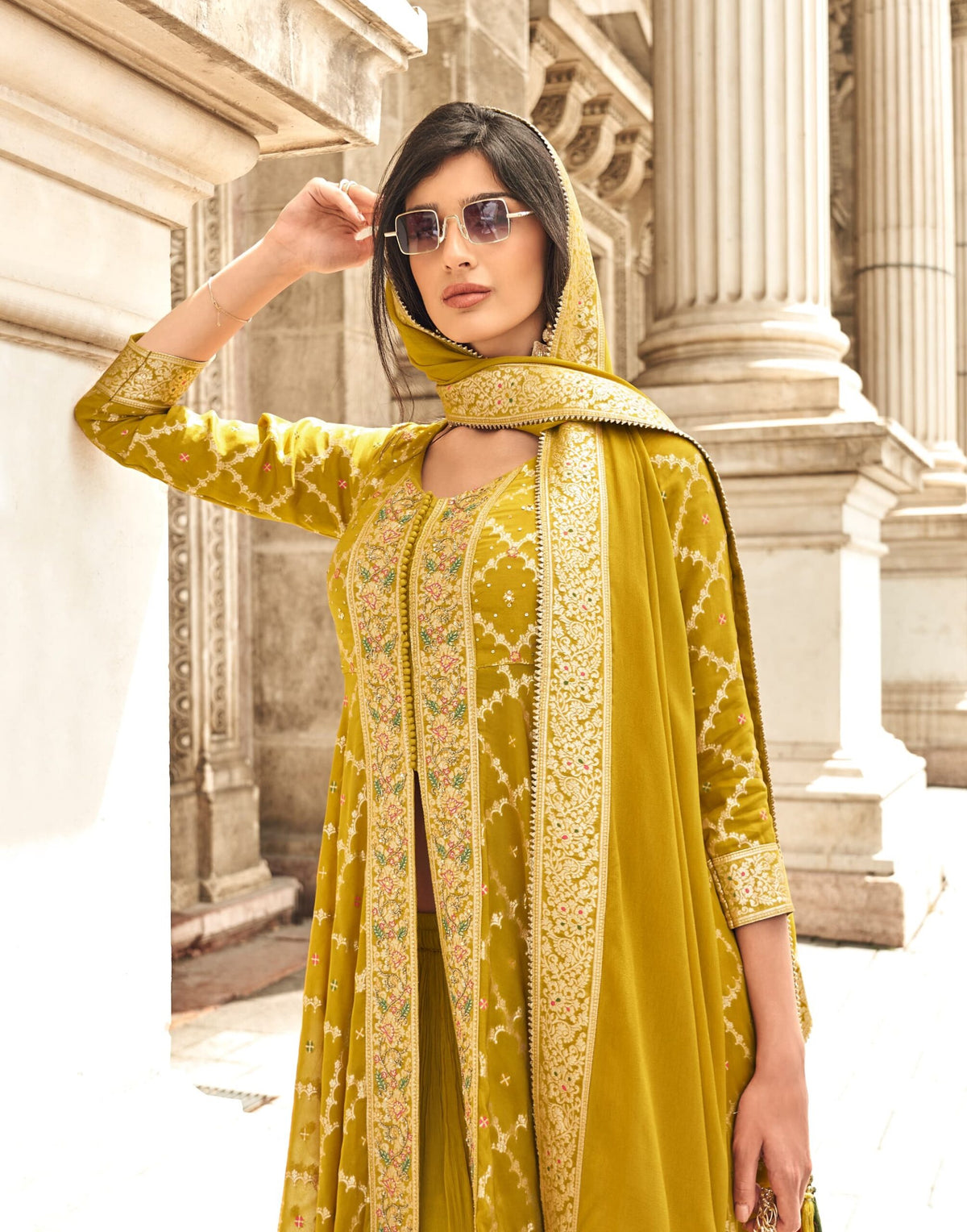 Jacquard Muslin Georgette Heavy Embroidery Mid Slit Gown 5998