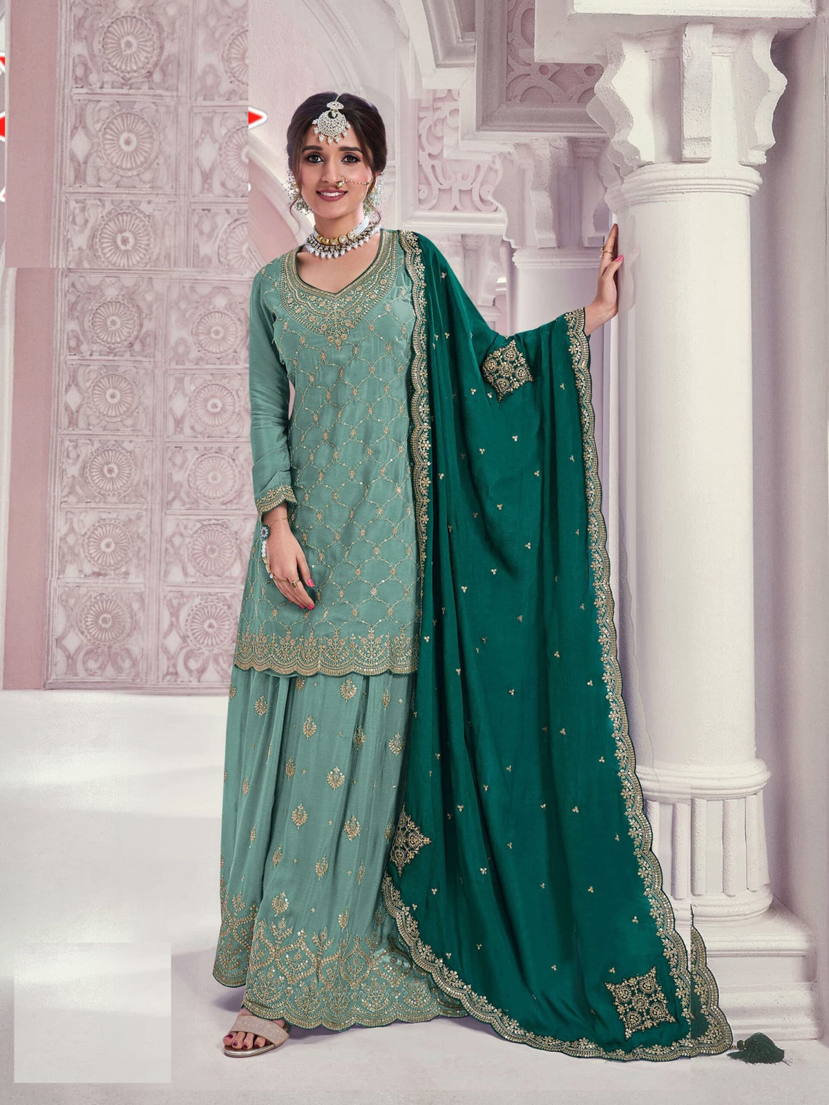 Heavy Chinon Silk Wedding Full Stitched Sharara Suit 69541