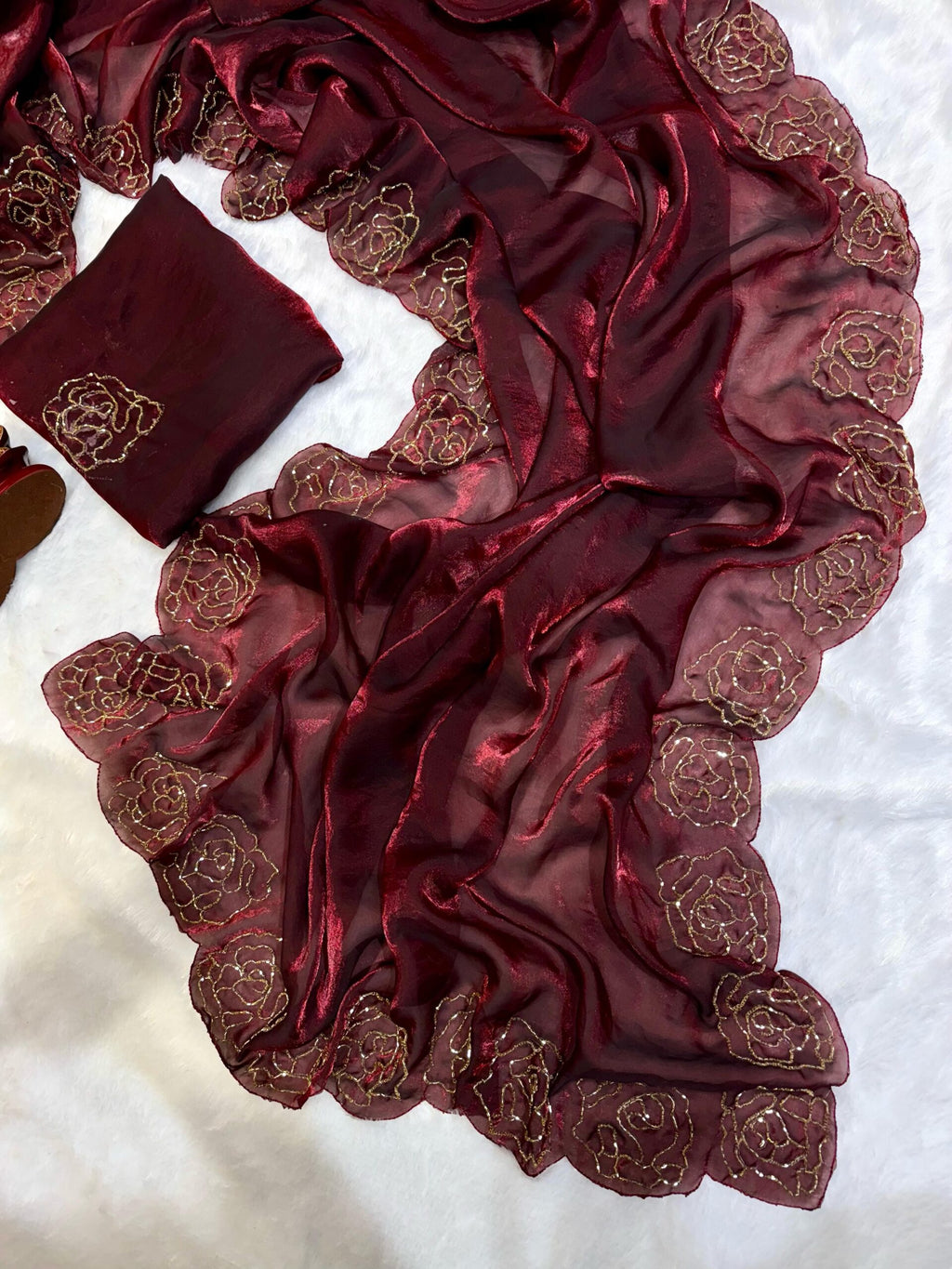 Maroon Fendi Silk Cutdana Work Ceremonial Saree 1211