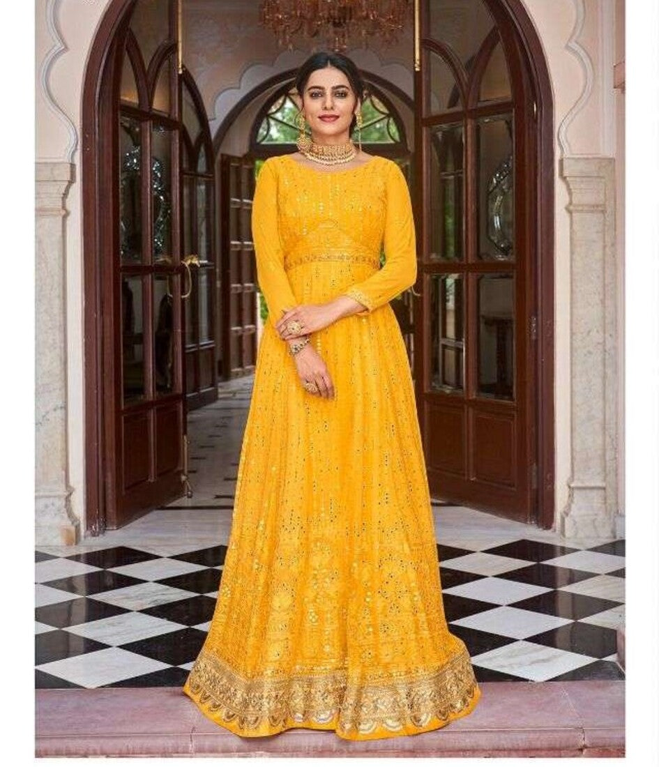 Yellow Heavy Embroidery Front & Back Sequins Work Wedding Gown 1473
