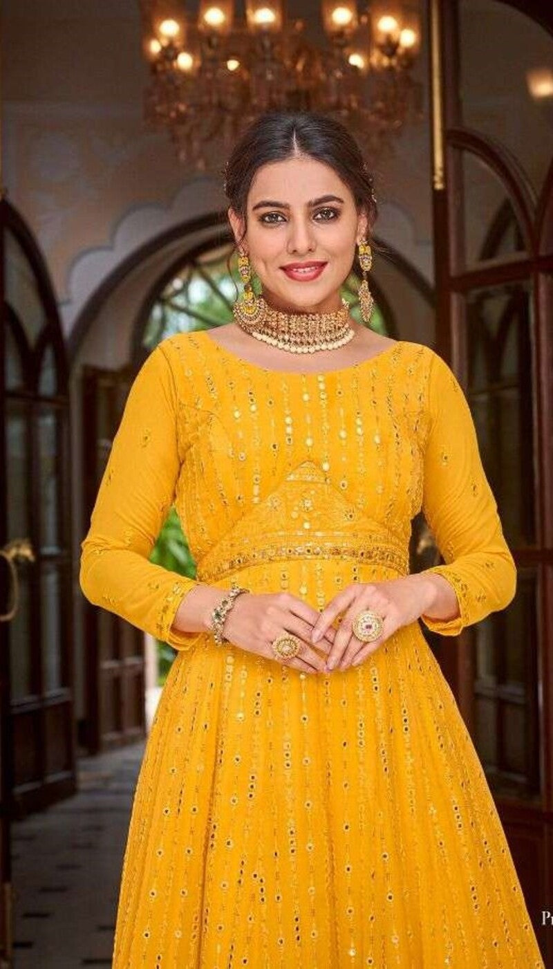 Yellow Heavy Embroidery Front & Back Sequins Work Wedding Gown 1473