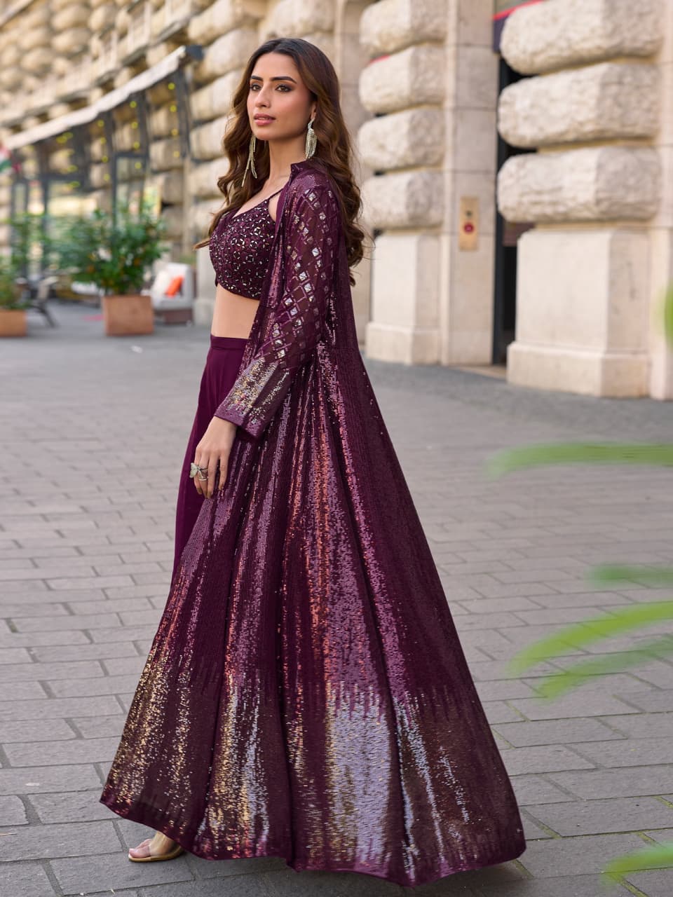 Party Wear Heavy Sequins Georgette Work Crop Top, Palazzo And Shrug 5850