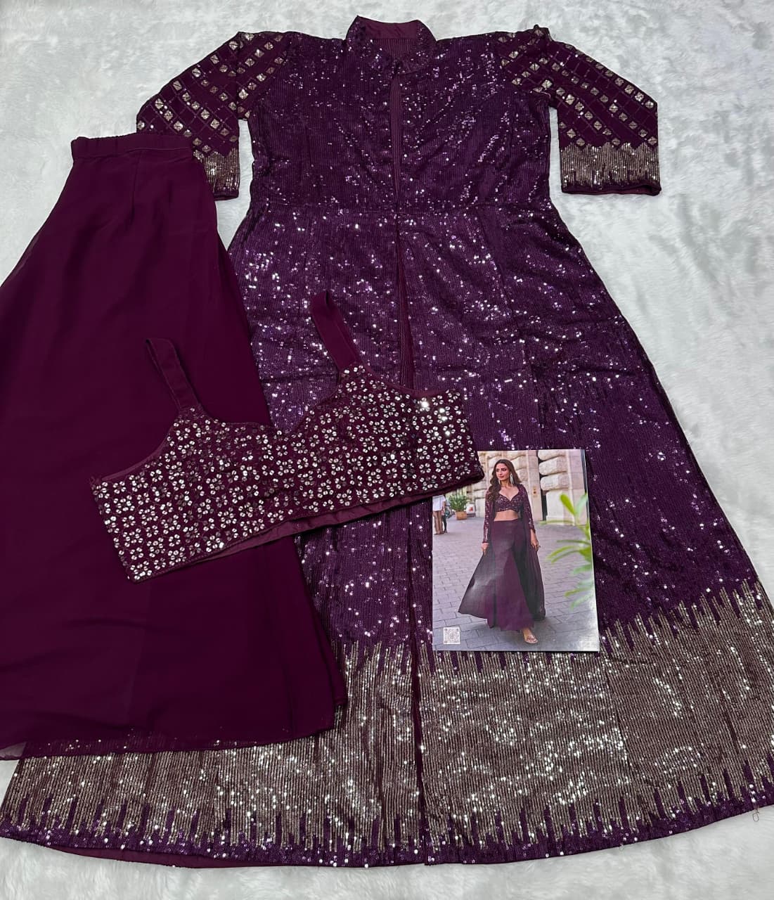 Party Wear Heavy Sequins Georgette Work Crop Top, Palazzo And Shrug 5850