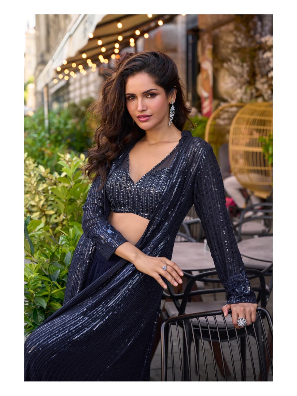 Party Wear Heavy Sequins Georgette Work Crop Top, Palazzo And Shrug 5850