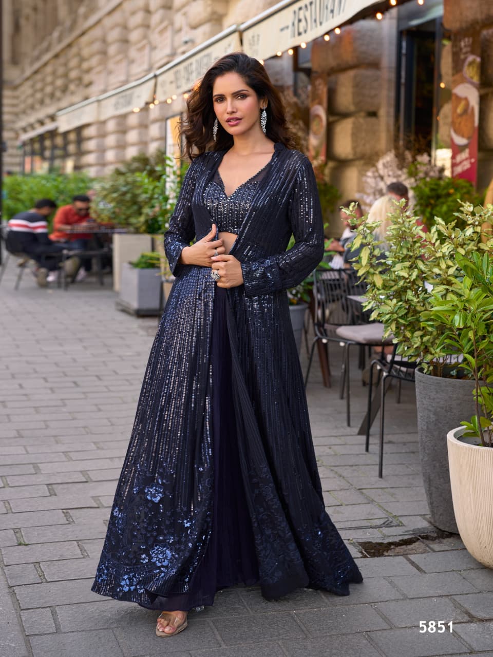 Party Wear Heavy Sequins Georgette Work Crop Top, Palazzo And Shrug 5850