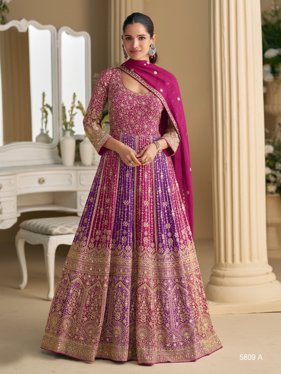 Pink & Purple Heavy Embroidery All Over Work Full Stitched Wedding Gown 5809