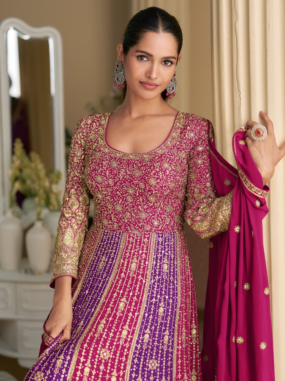 Pink & Purple Heavy Embroidery All Over Work Full Stitched Wedding Gown 5809
