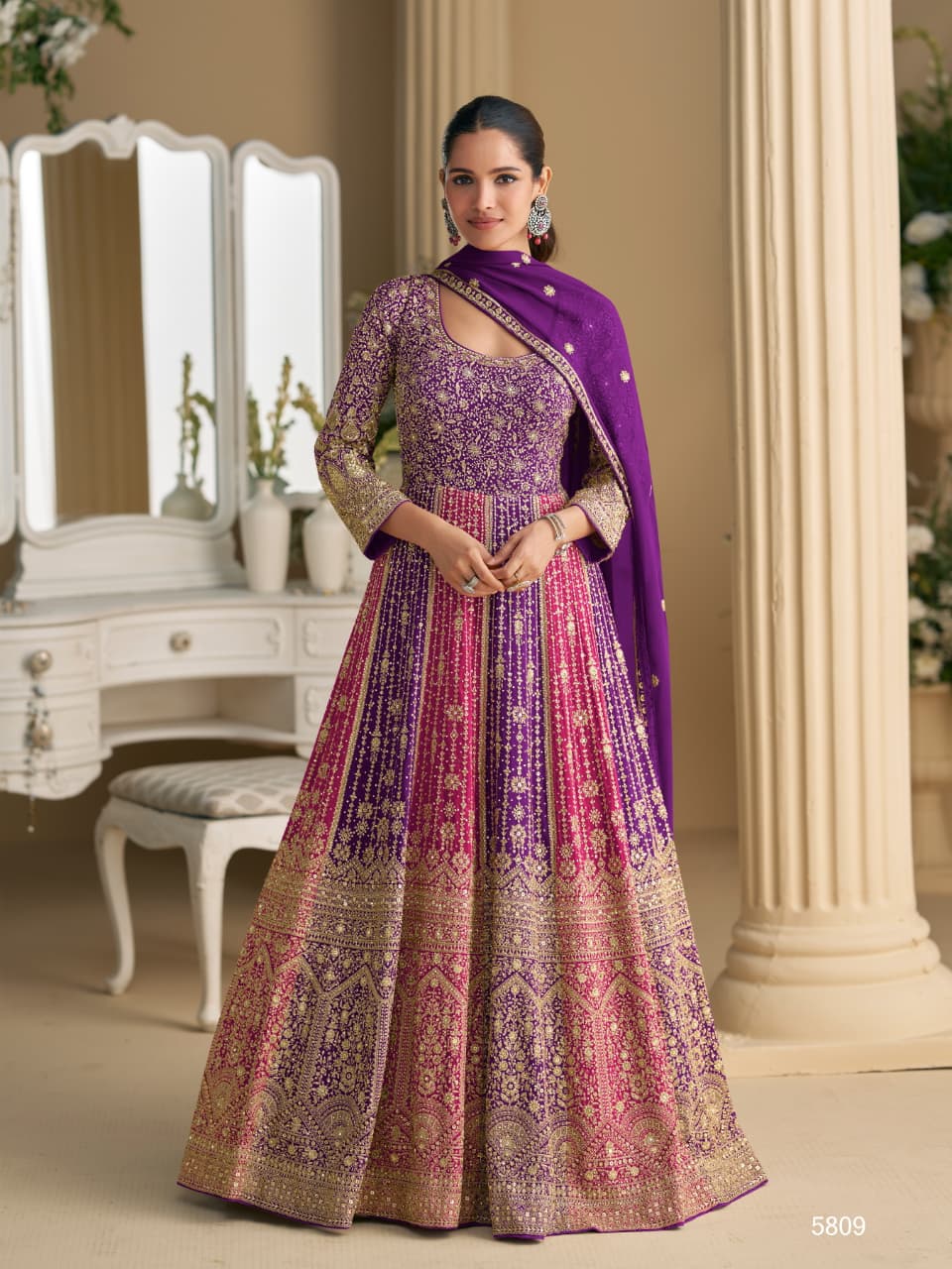 Pink & Purple Heavy Embroidery All Over Work Full Stitched Wedding Gown 5809