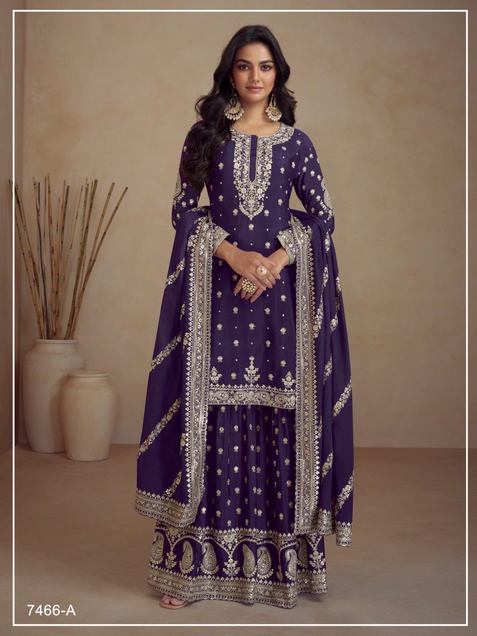 Chinon Silk Heavy Embroidered Full Stitched Suit 7466