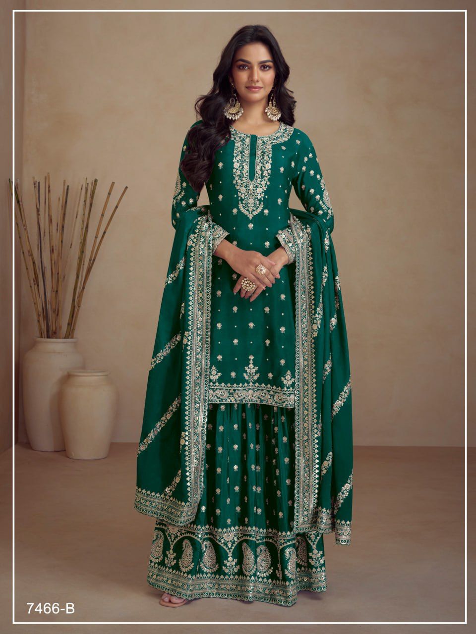 Chinon Silk Heavy Embroidered Full Stitched Suit 7466