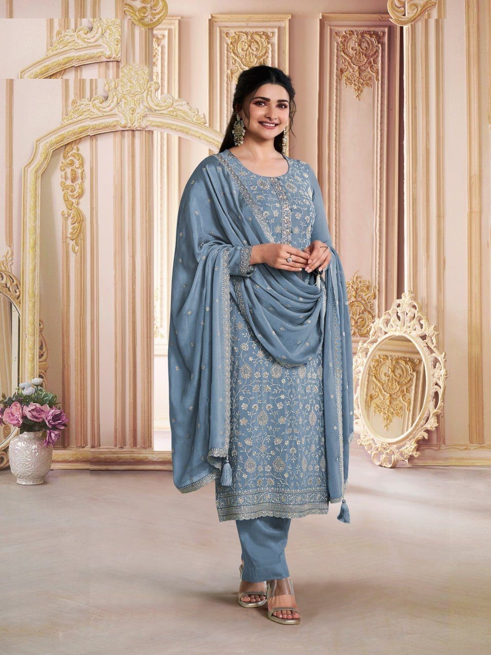 Chinon Silk Heavy Embroidered Semi Stitched Suit 68461