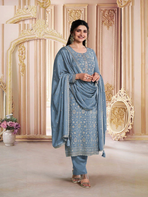 Chinon Silk Heavy Embroidered Semi Stitched Suit 68461