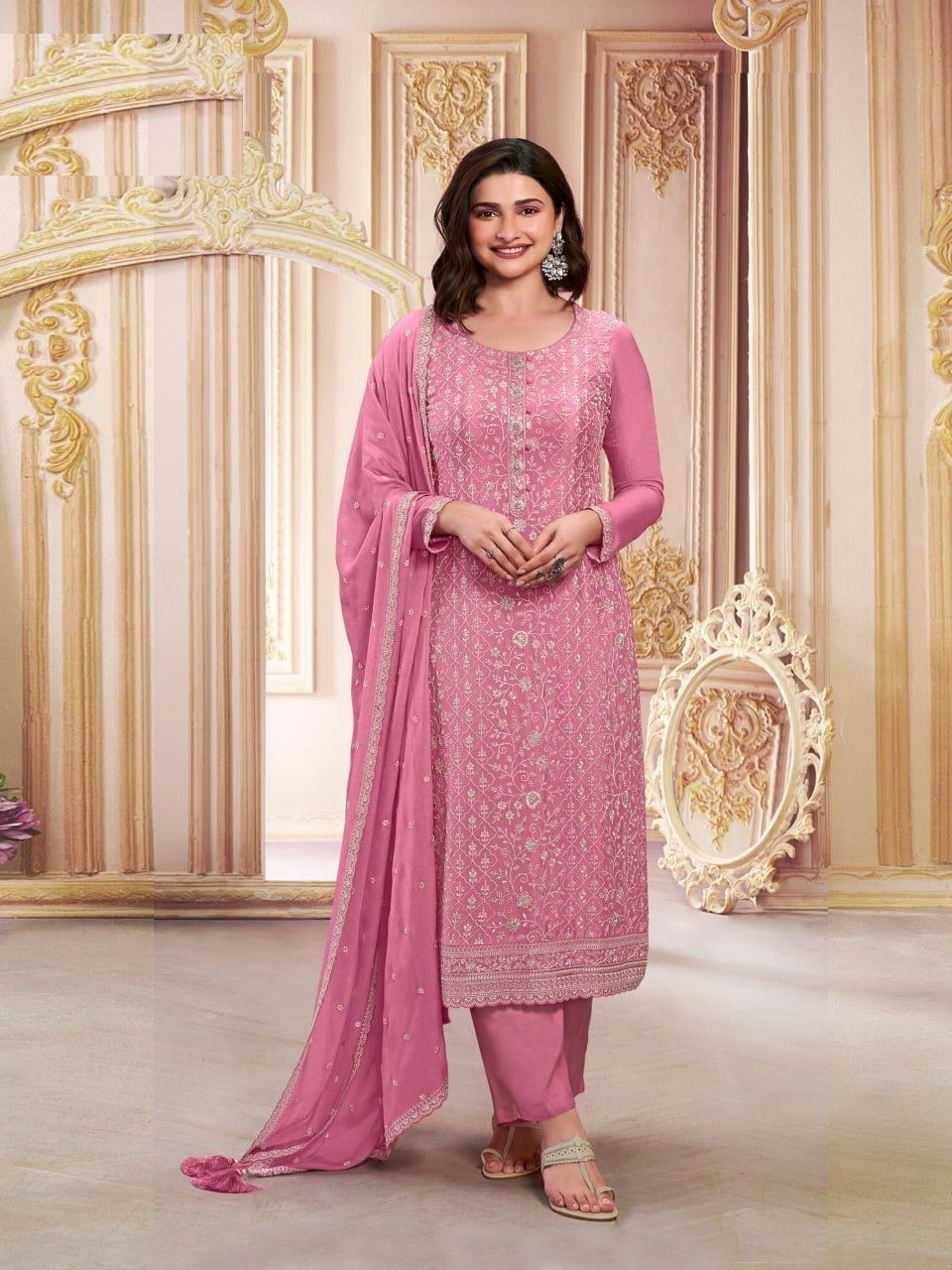 Chinon Silk Heavy Embroidered Semi Stitched Suit 68461