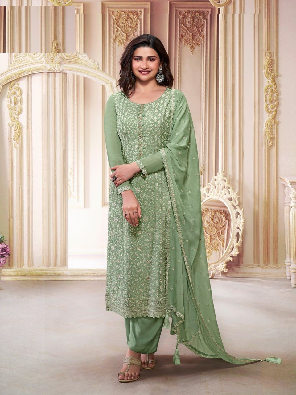 Chinon Silk Heavy Embroidered Semi Stitched Suit 68461