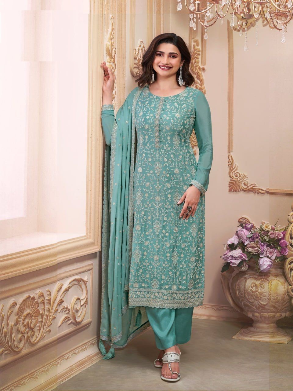 Chinon Silk Heavy Embroidered Semi Stitched Suit 68461