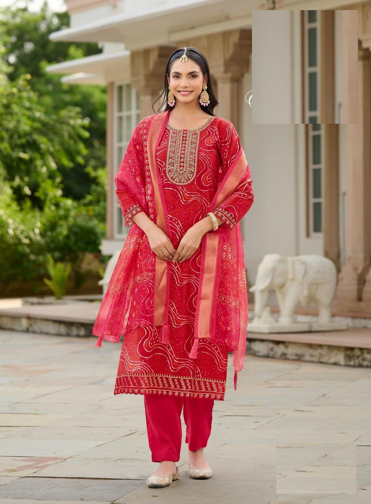 Traditional Look Bandhani & Leriya Print With Embroidery Salwar Suit 2001