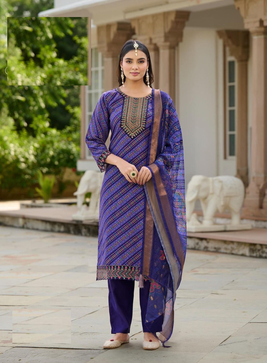 Traditional Look Bandhani & Leriya Print With Embroidery Salwar Suit 2001