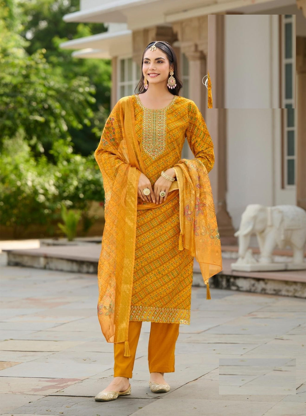 Traditional Look Bandhani & Leriya Print With Embroidery Salwar Suit 2001