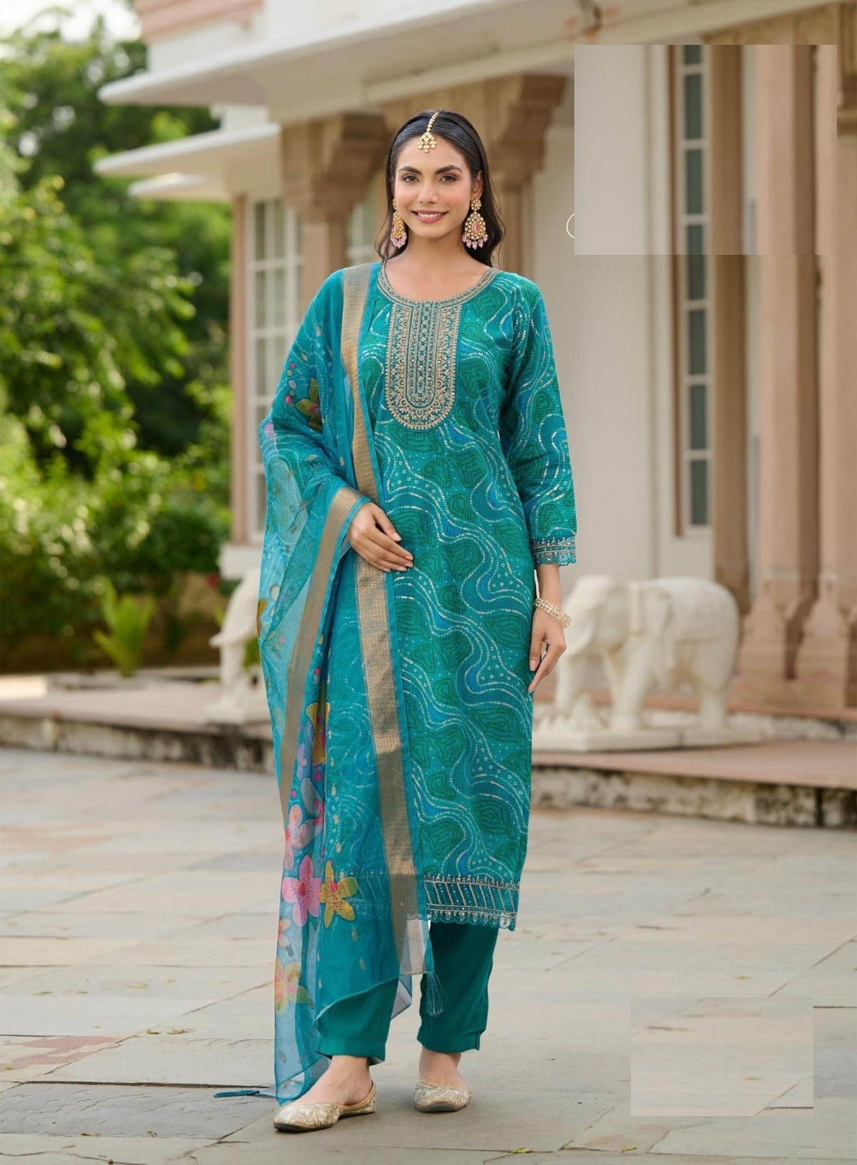 Traditional Look Bandhani & Leriya Print With Embroidery Salwar Suit 2001