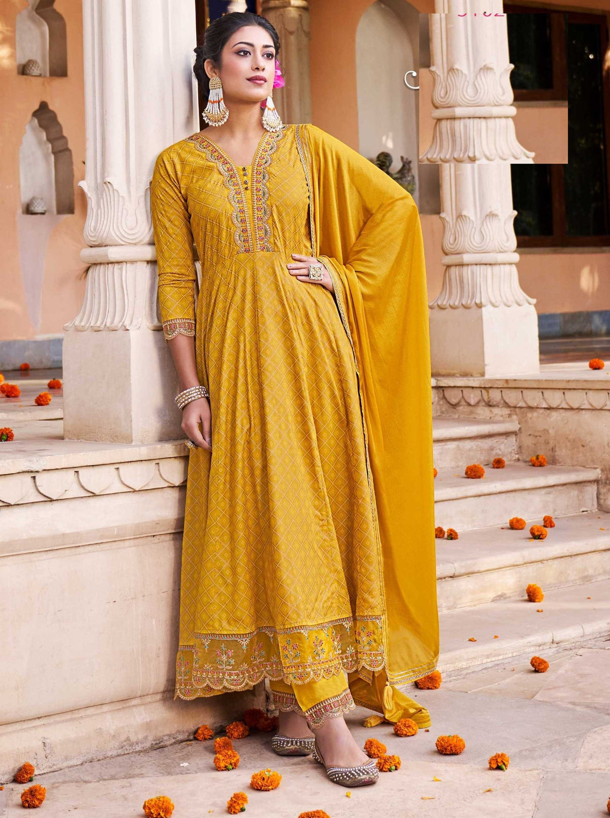 Yellow A-Line Pure Cotton Heavy Embroidery Full Stitched Summer Suit 5102