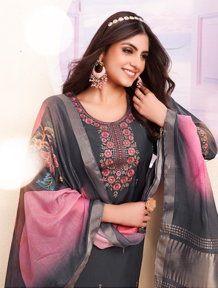 Grey Roman Silk Suit With Digital Print Dupatta 208