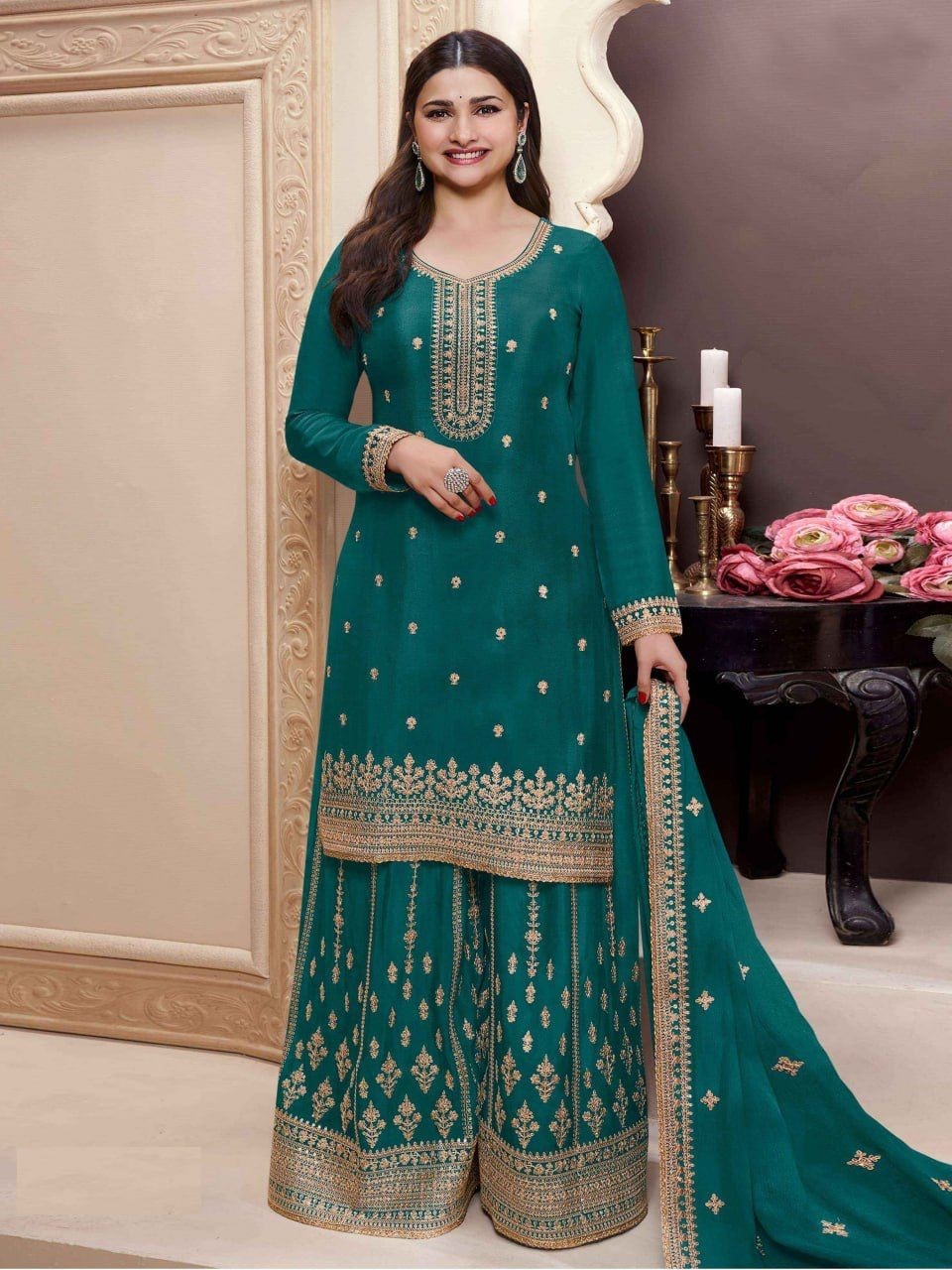 Chinon Silk Embroidered Full Stitched Wedding Palazzo Suit 72151