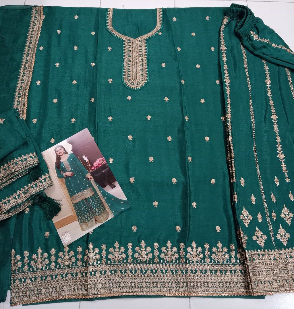 Chinon Silk Embroidered Full Stitched Wedding Palazzo Suit 72151