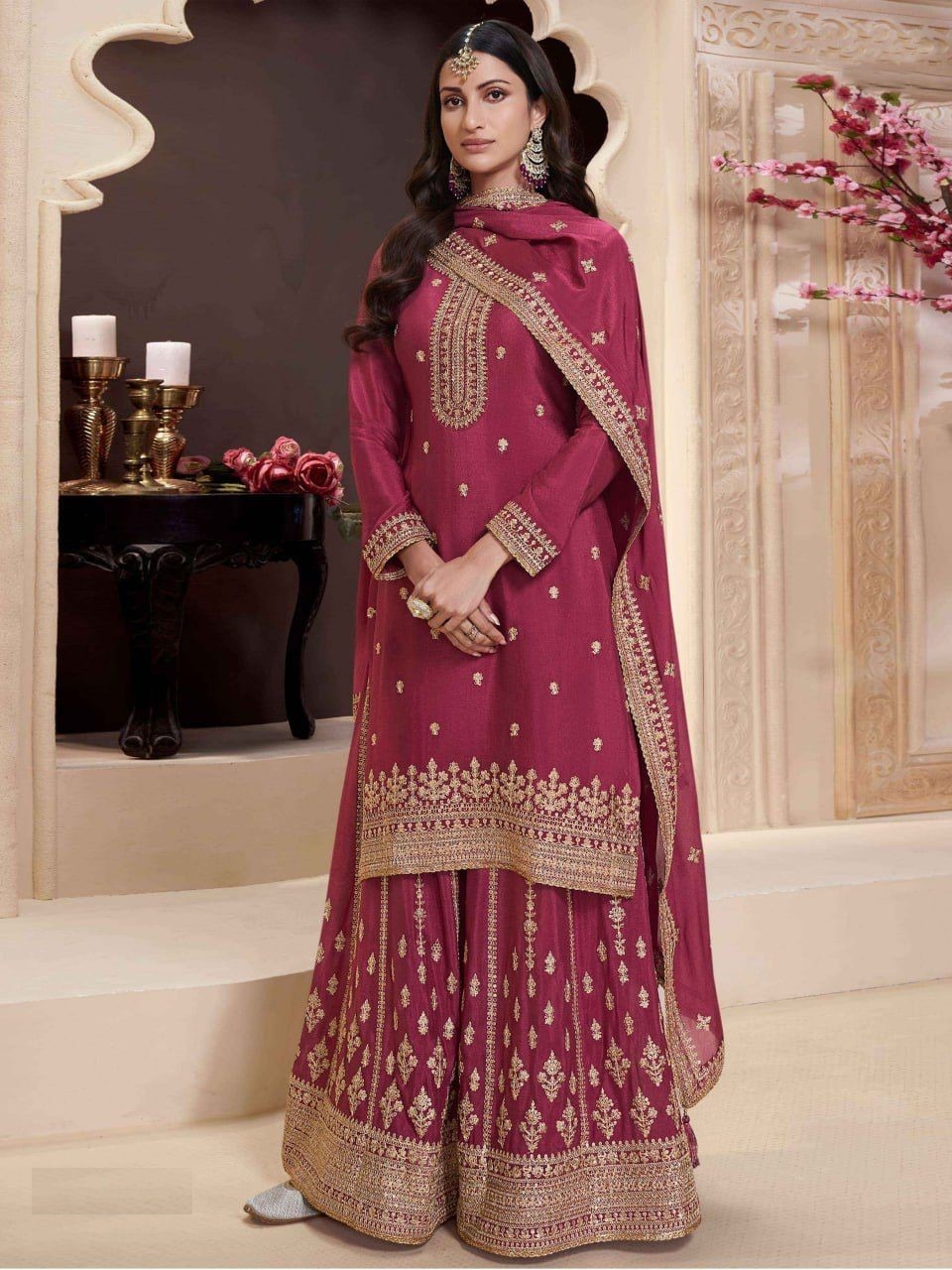 Chinon Silk Embroidered Full Stitched Wedding Palazzo Suit 72151