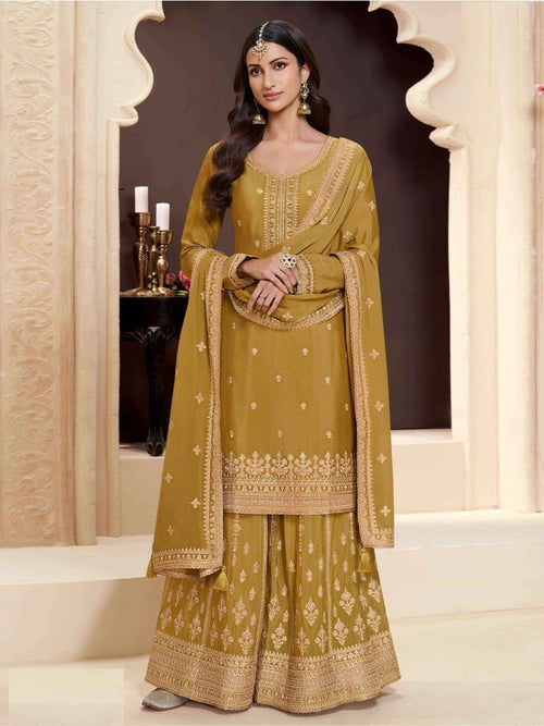 Chinon Silk Embroidered Full Stitched Wedding Palazzo Suit 72151