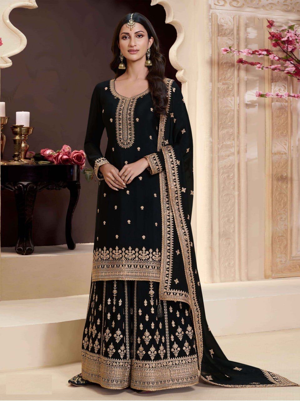 Chinon Silk Embroidered Full Stitched Wedding Palazzo Suit 72151