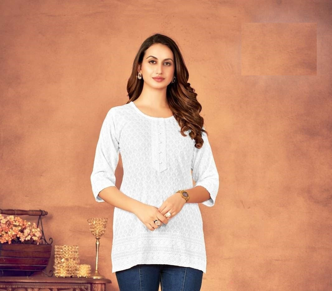 Pure Rayon Viscose Chikankari White Tunics 1009