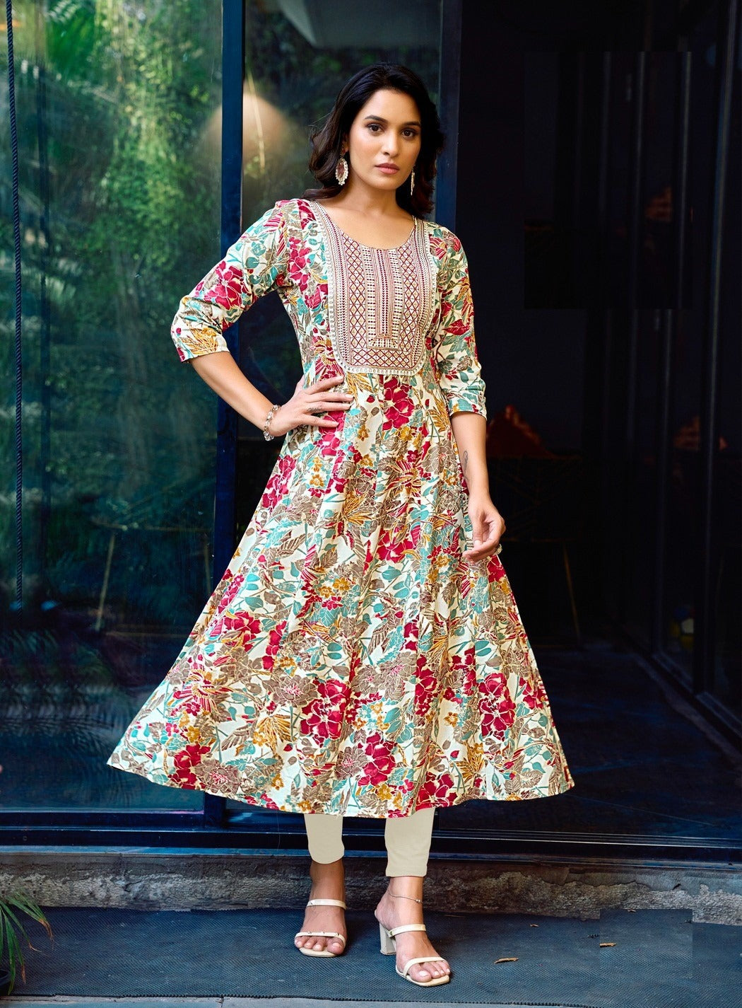 Pastel Green Heavy Cotton Floral Print With Embroidery Anarkali Kurti 2001