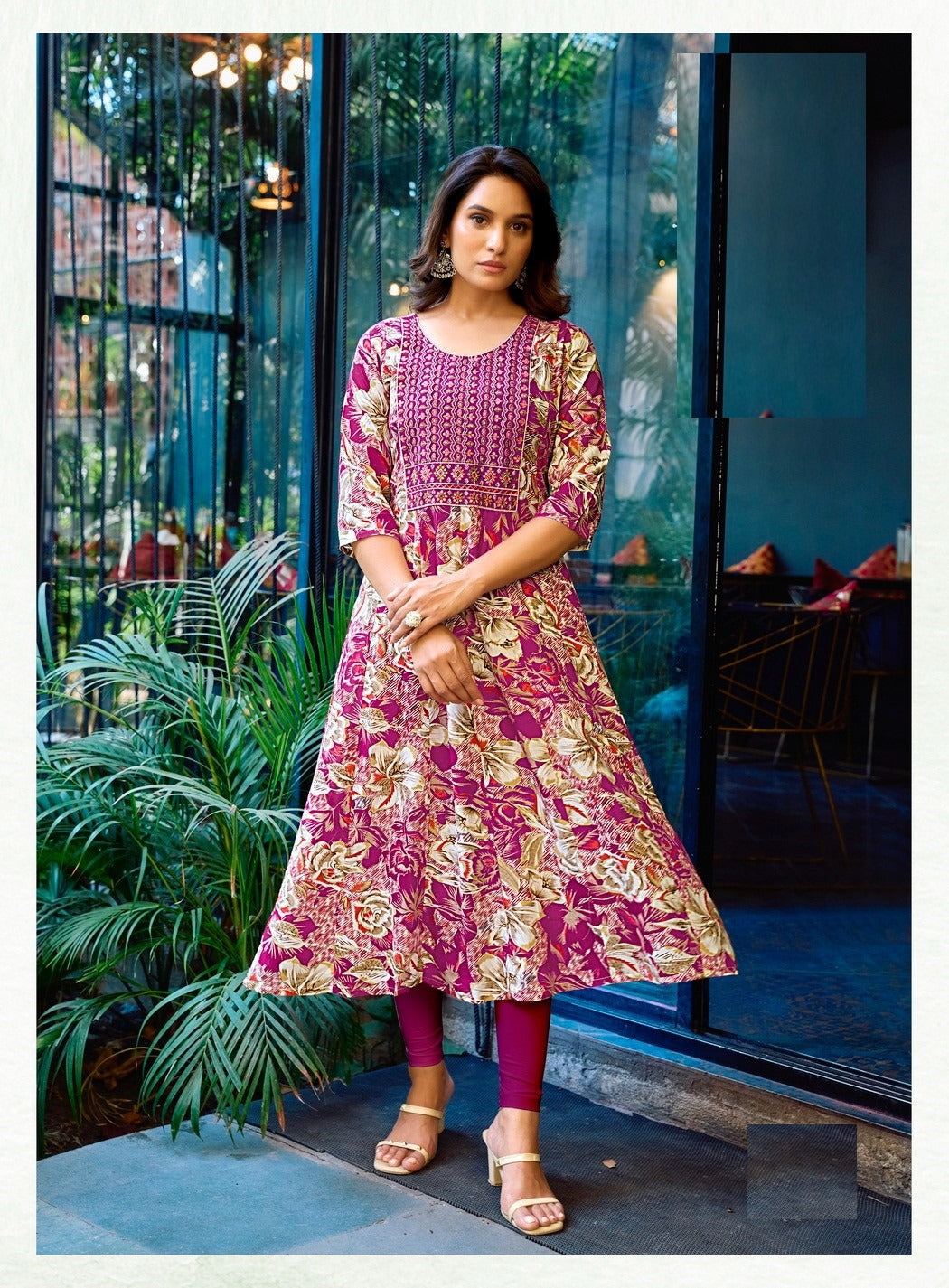 Magenta Heavy Cotton Floral Print With Embroidery Anarkali Kurti 2003