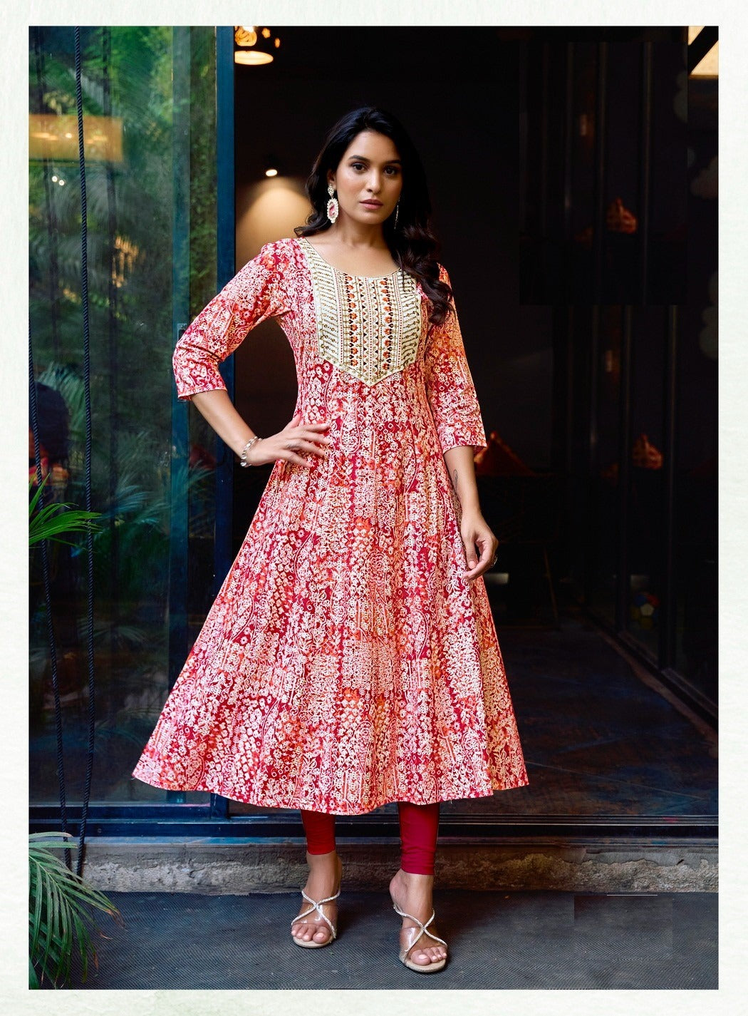 Tomato Red Heavy Cotton Floral Print With Embroidery Anarkali Kurti 2005