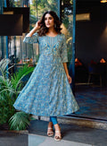 Sky Blue Heavy Cotton Floral Print With Embroidery Anarkali Kurti 2006
