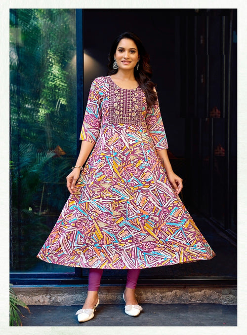 Baby Pink Heavy Cotton Floral Print With Embroidery Anarkali Kurti 2007