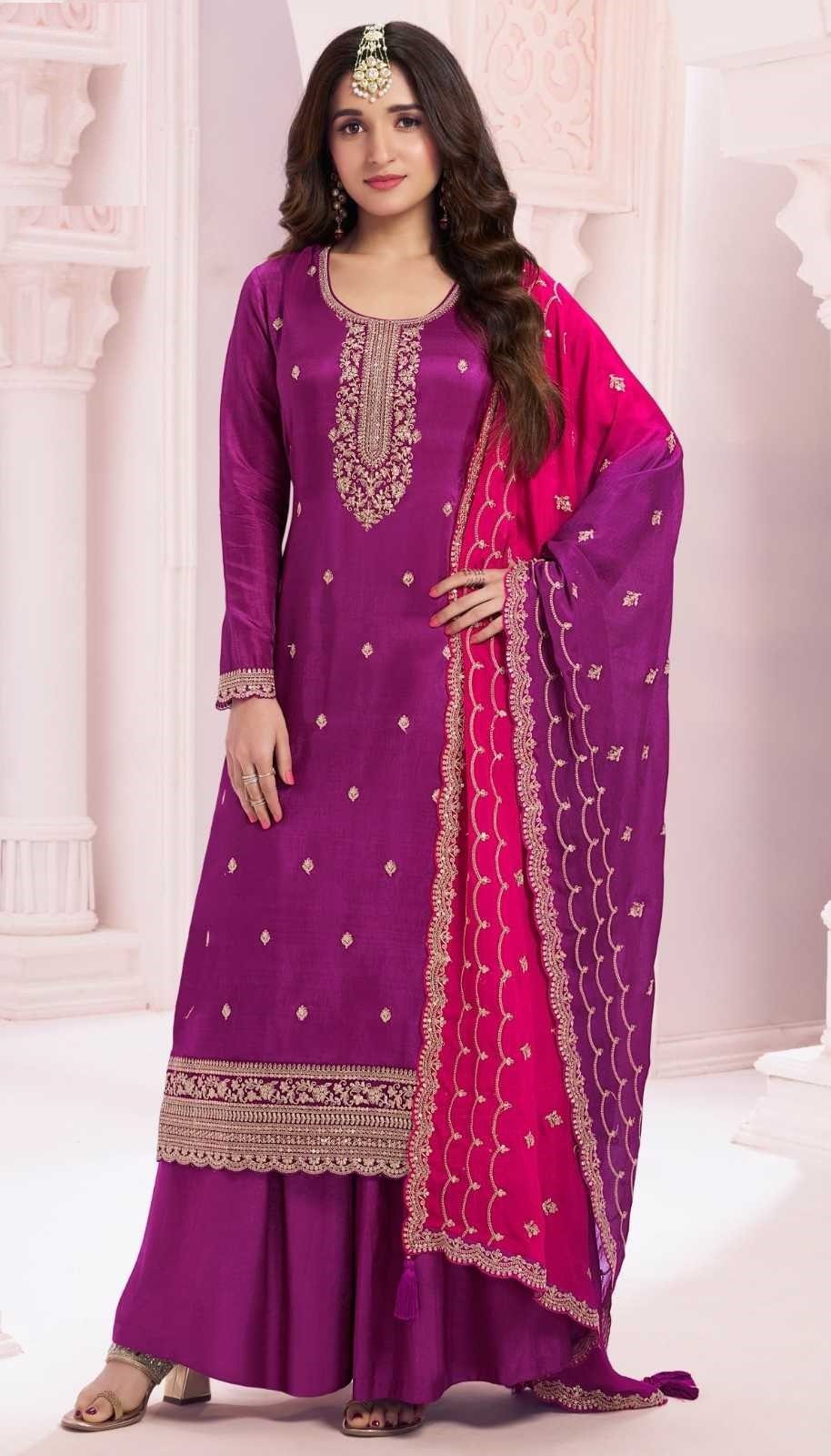 Purple Georgette Silk Embroidery Plus Size Full Stitched Suit 69453