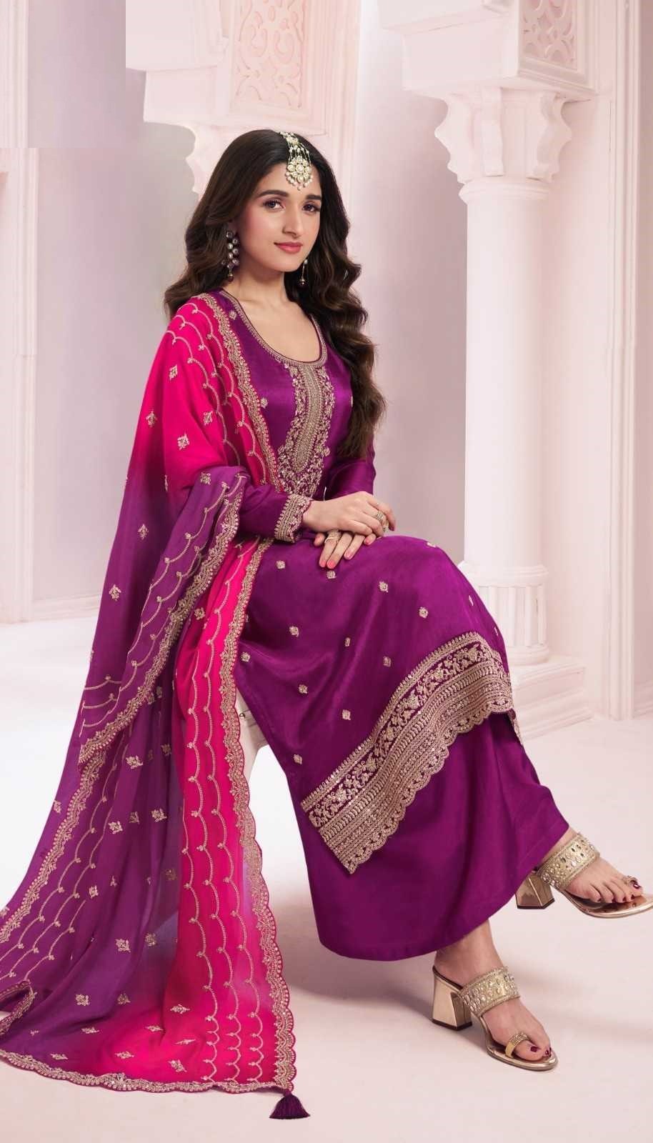 Purple Georgette Silk Embroidery Plus Size Full Stitched Suit 69453