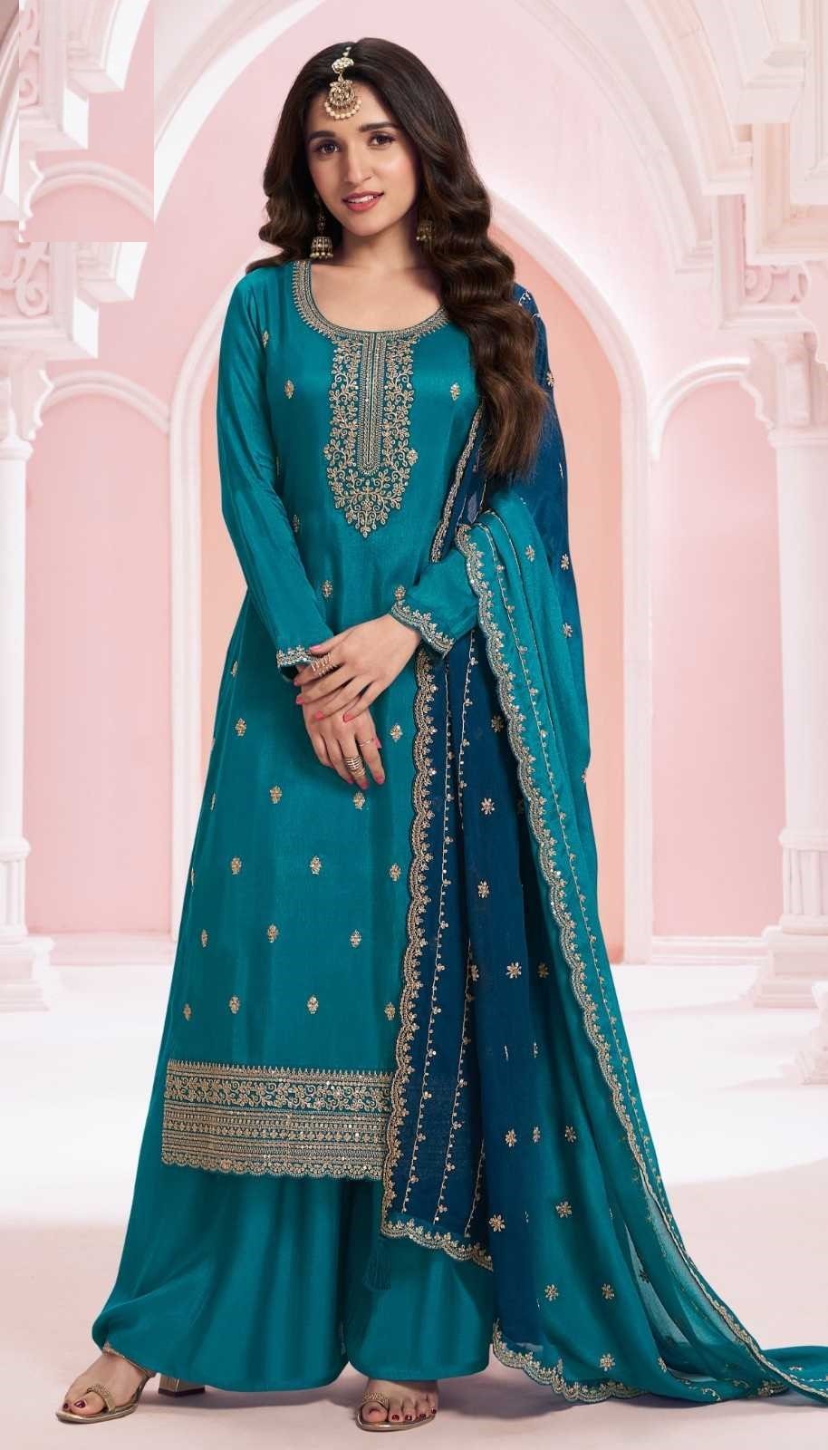 Peacock Blue Georgette Silk Embroidery Plus Size Full Stitched Suit 69454