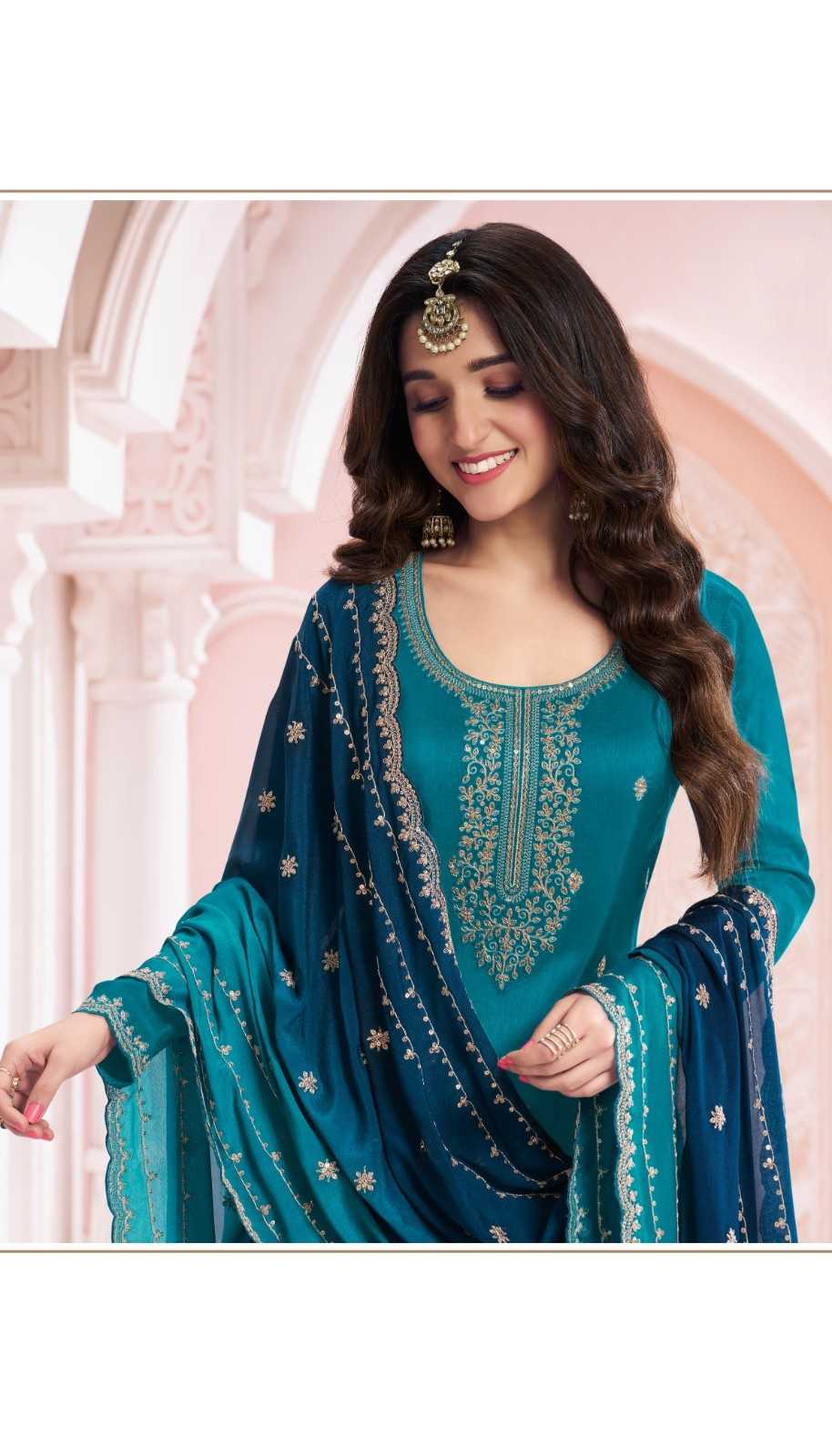 Peacock Blue Georgette Silk Embroidery Plus Size Full Stitched Suit 69454