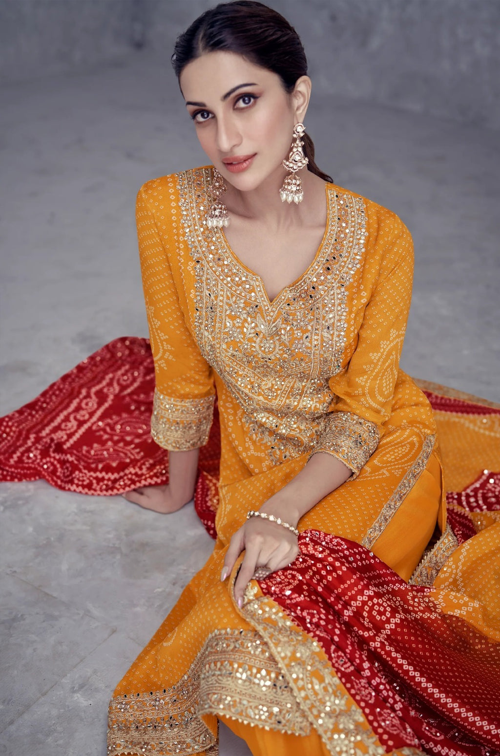 Heavy Chinon Silk Bandhani Print With Real Gota Work Palazzo Suit 7429