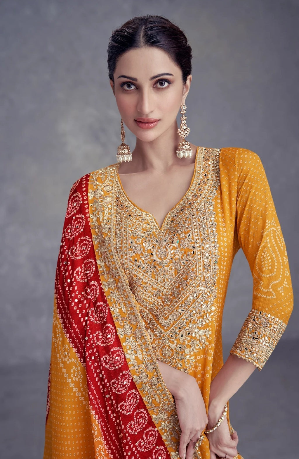 Heavy Chinon Silk Bandhani Print With Real Gota Work Palazzo Suit 7429