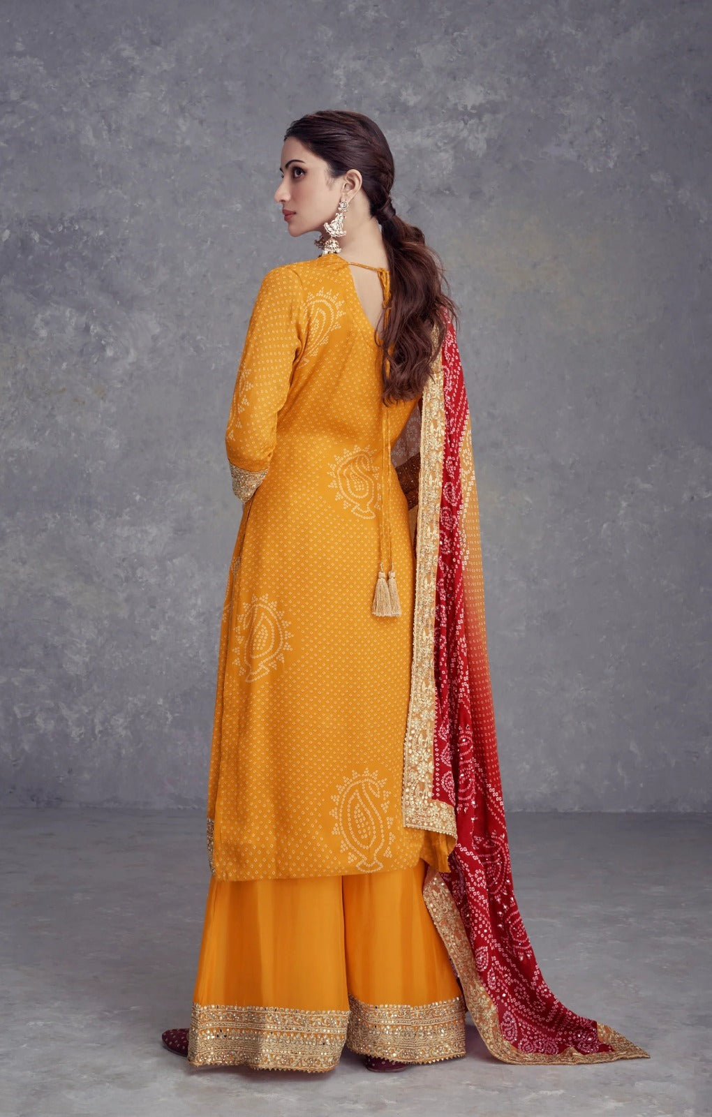 Heavy Chinon Silk Bandhani Print With Real Gota Work Palazzo Suit 7429