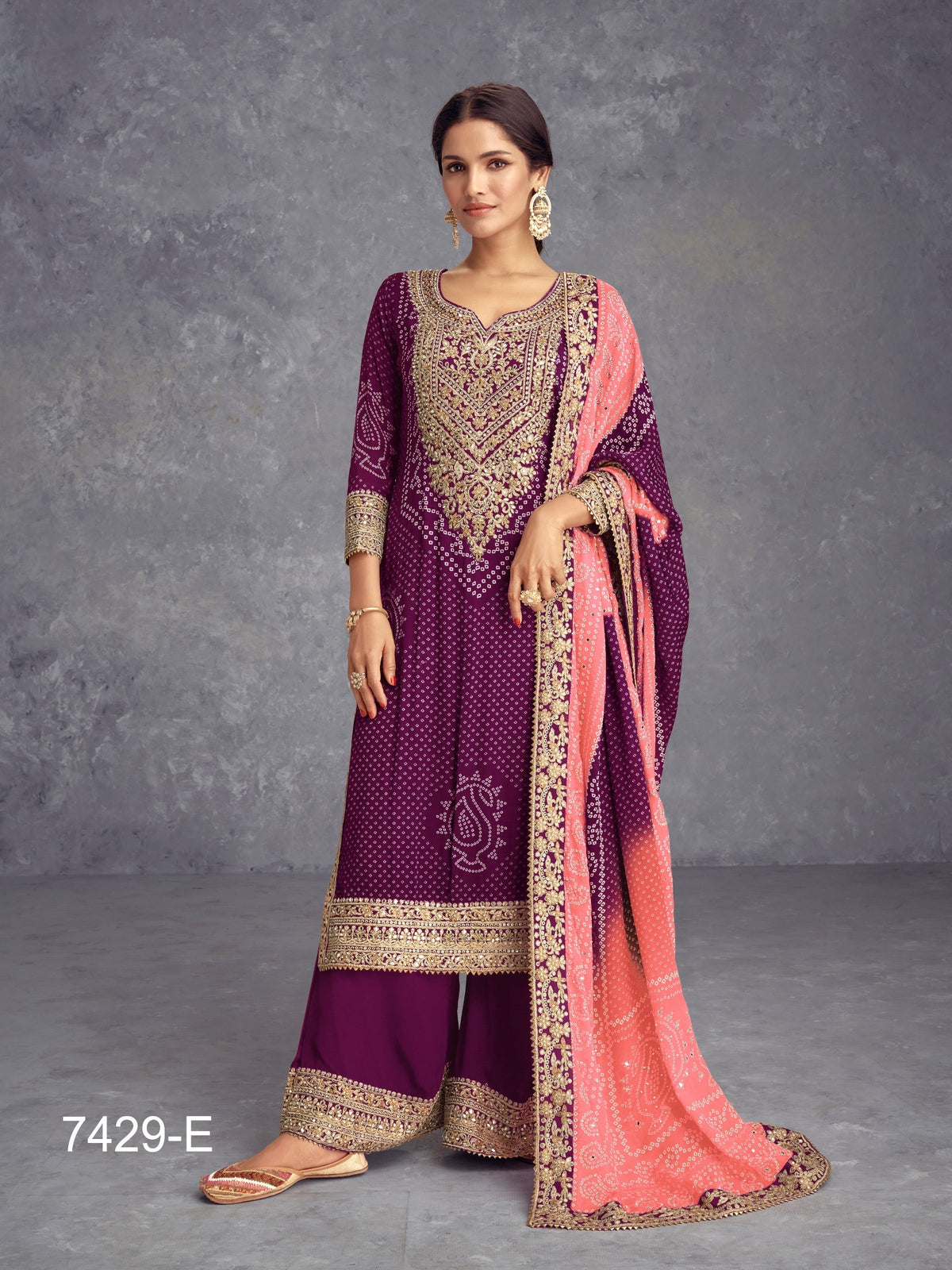 Heavy Chinon Silk Bandhani Print With Real Gota Work Palazzo Suit 7429