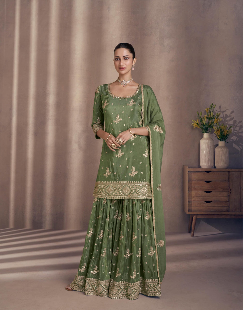 Chinon Silk Green Heavy Embroidery Sharara Suit 5439