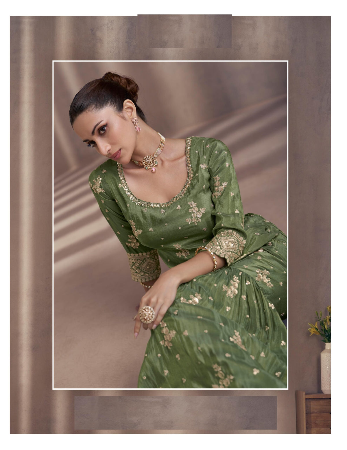 Chinon Silk Green Heavy Embroidery Sharara Suit 5439