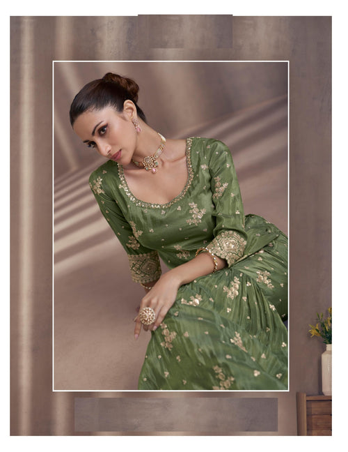 Chinon Silk Green Heavy Embroidery Sharara Suit 5439